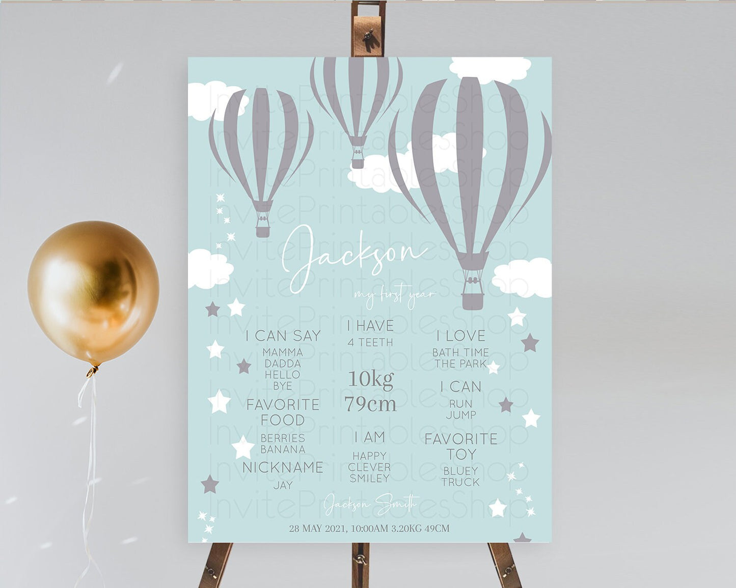 Hot Air Balloon First Birthday Milestone Poster Hot Air Balloon Milestone Board Adventure Awaits Blue Watercolor 1st Birthday Boy D10324