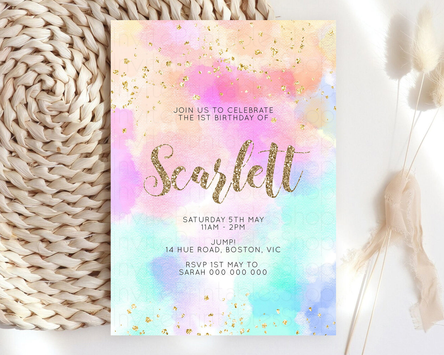 Rainbow Birthday Invitation Pastel Birthday Invite Ombre Watercolor Invite Enchanted Theme Colorful Splash Glitter Sprinkles 1st 2nd 3rd