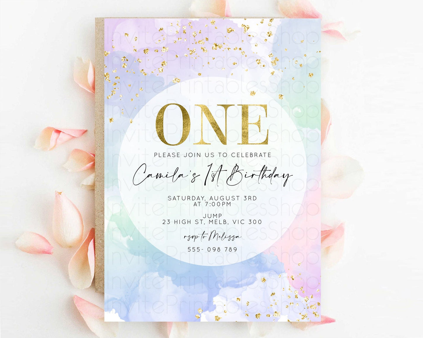 Rainbow Birthday Invitation Colorful Pastel Watercolor Invitation Gold Glitter Sprinkles Ombre Pastel 1st 2nd 3rd Birthday D10624