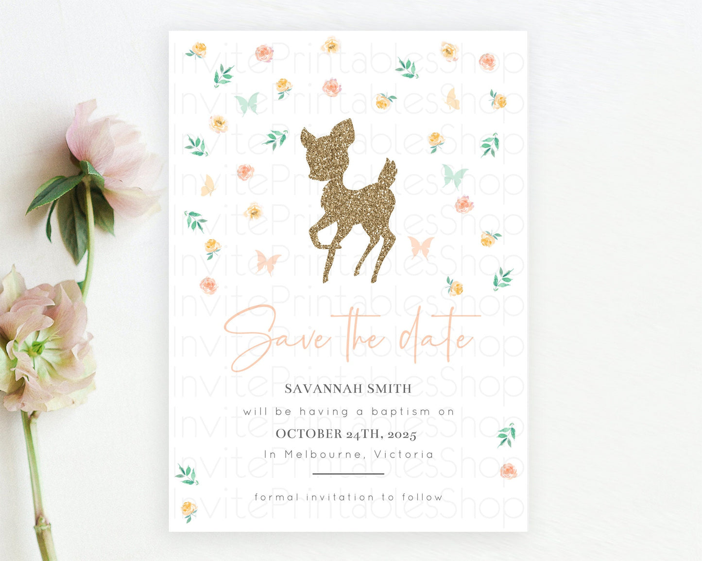 Fawn Deer Save The Date Template Pastel Floral Deer Enchanted Forest Butterfly Party 1st Birthday Baptism Baby Shower Bridal Shower D10355