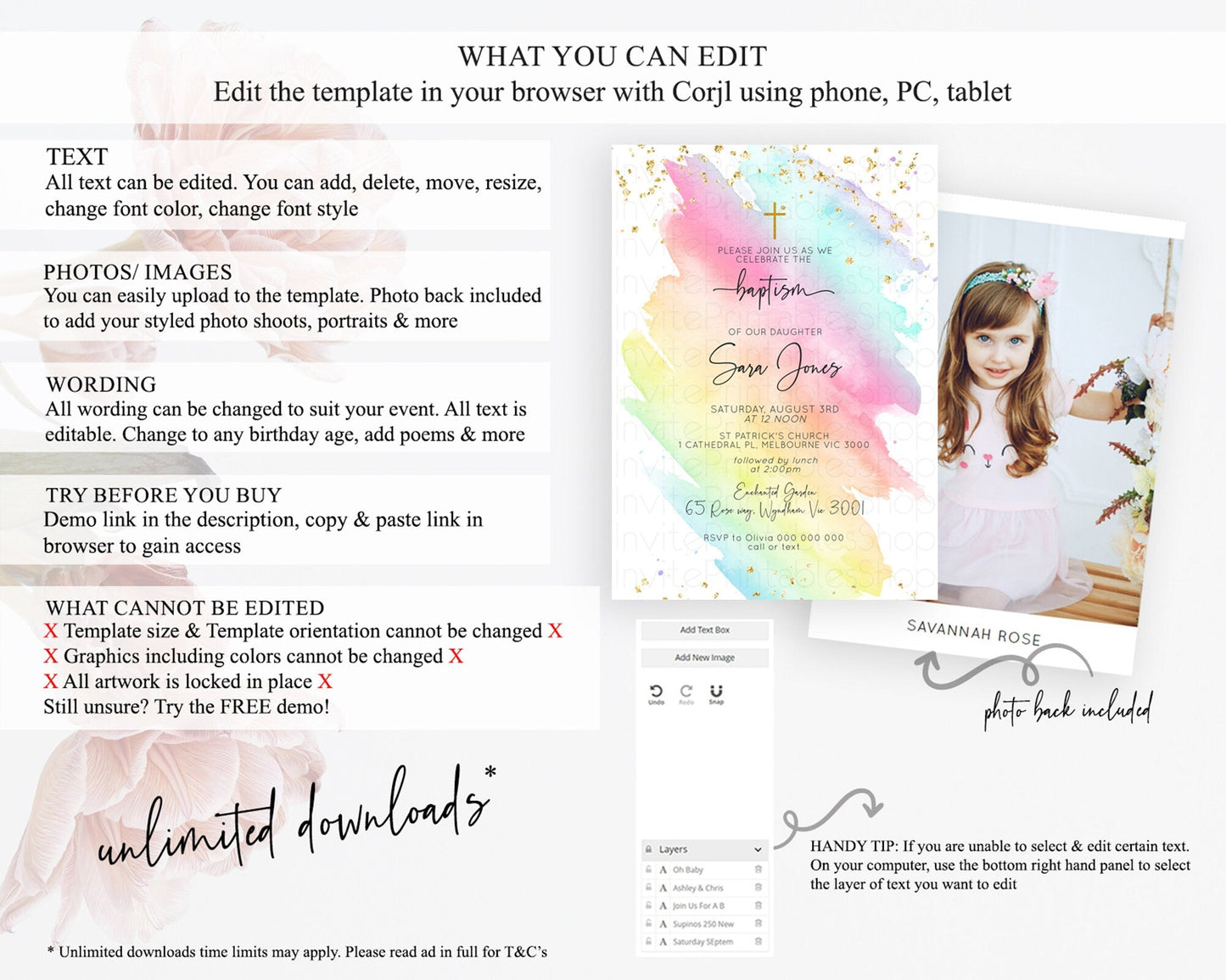 Pastel Baptism Invitation Pastel Colors Watercolor Baptism 1st Birthday Party Gold Ombre Pastel Rainbow Christening Holy Communion D10495