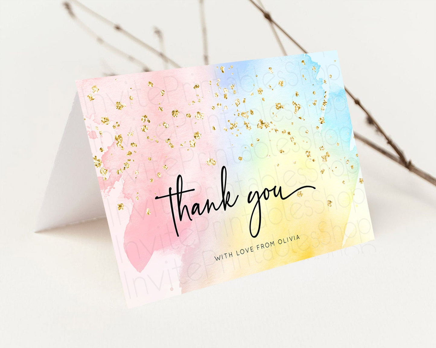 Pastel Thank You Rainbow Thank You Card Colorful Pastel Birthday Thank You Card Confetti Watercolor Pastel Teacher Thank You Cards D10557