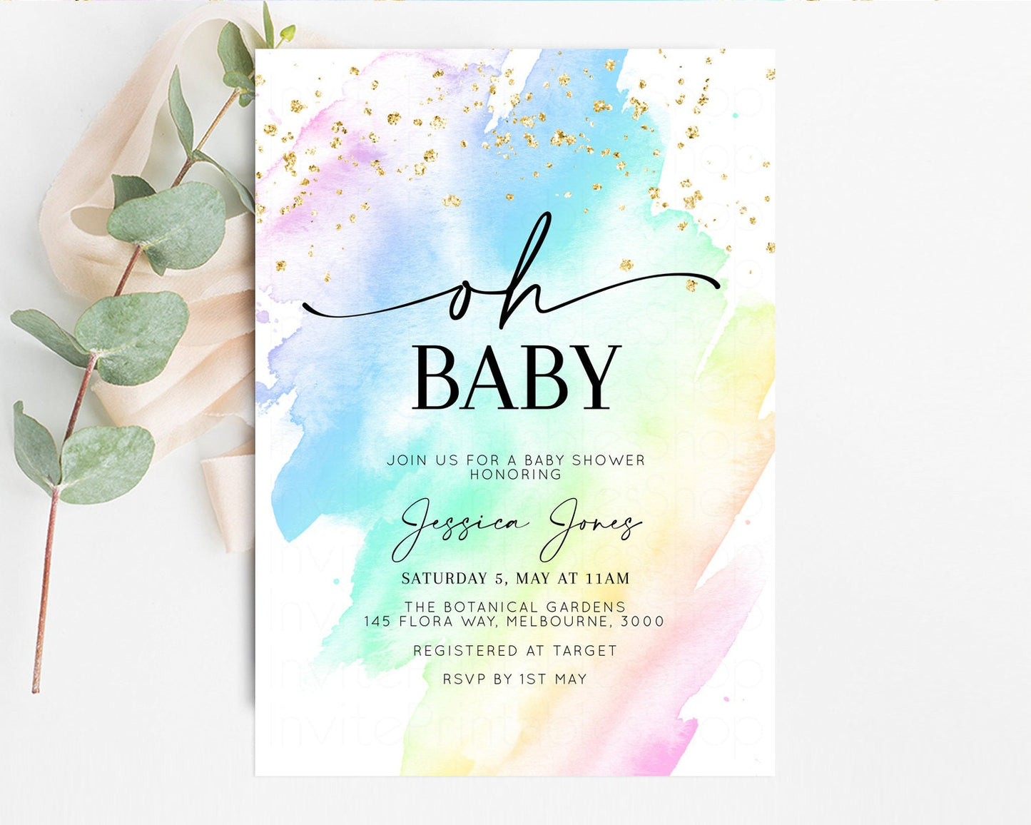 Rainbow Baby Shower Invitation Pastel Baby Shower Invitation Watercolor Ombre Invitation Rainbow Pastel Colors Invite Glitter Confetti t601
