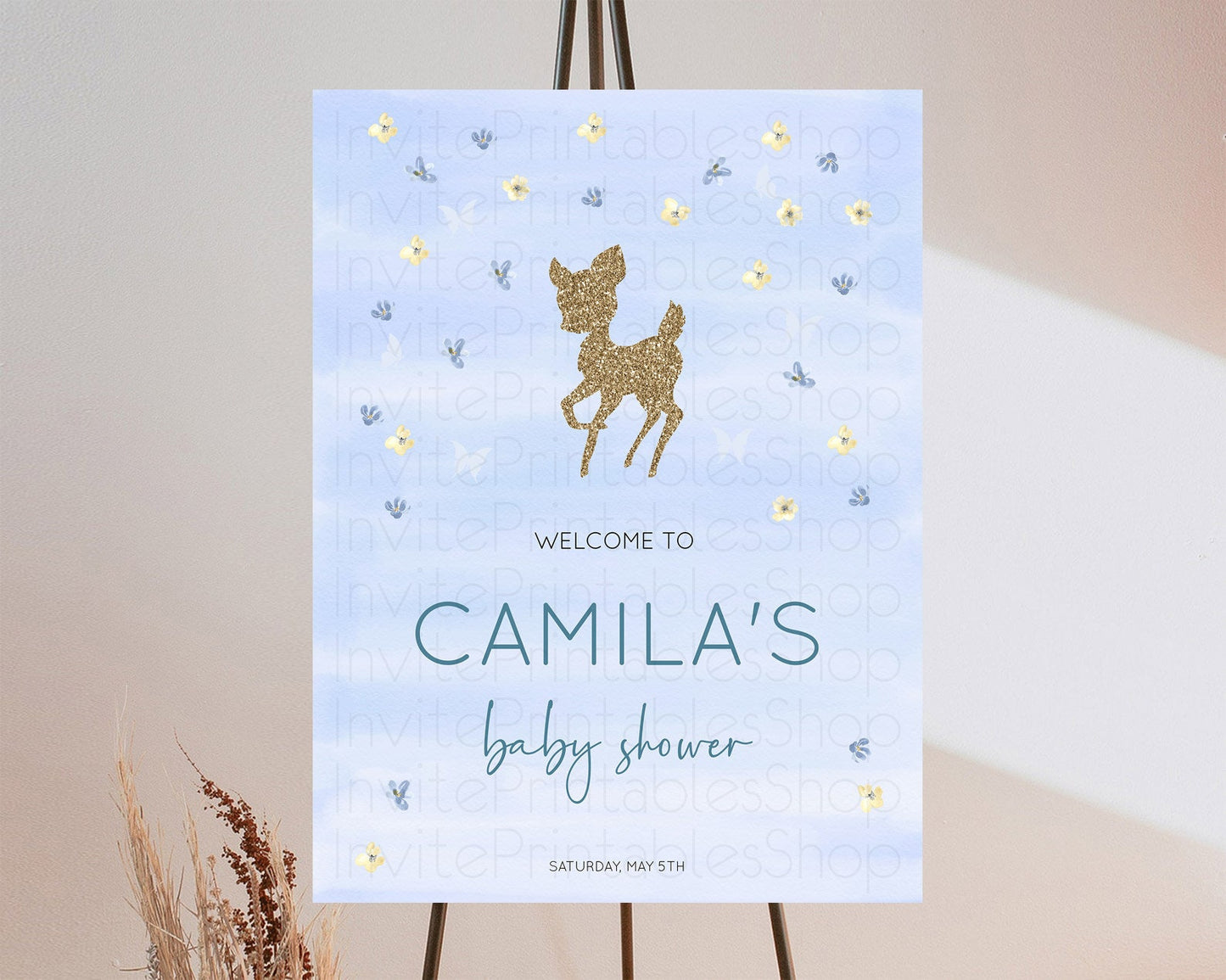 Fawn Baby Shower Welcome Sign Deer Welcome Board Floral Deer Welcome Poster Enchanted Forest Butterfly Pastel Floral Welcome Sign D10863