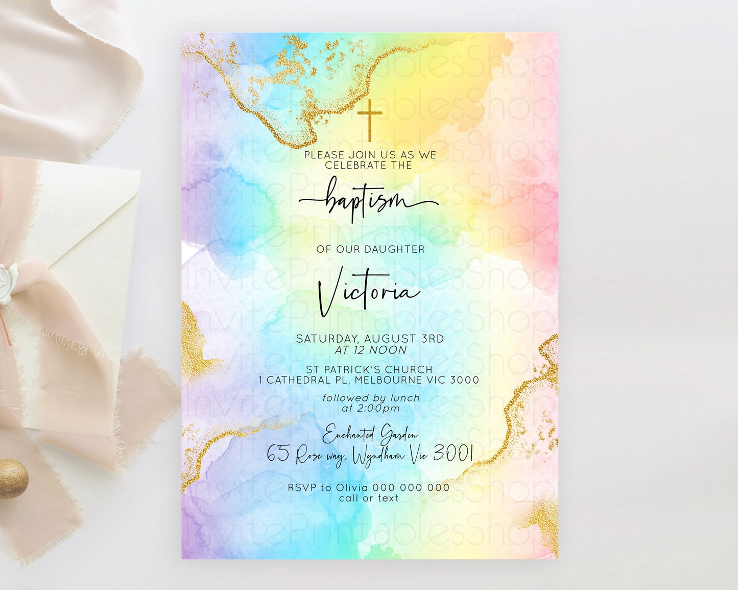 Pastel Baptism Invitation Pastel Colors Watercolor Baptism 1st Birthday Party Gold Ombre Pastel Rainbow Christening Holy Communion D10588