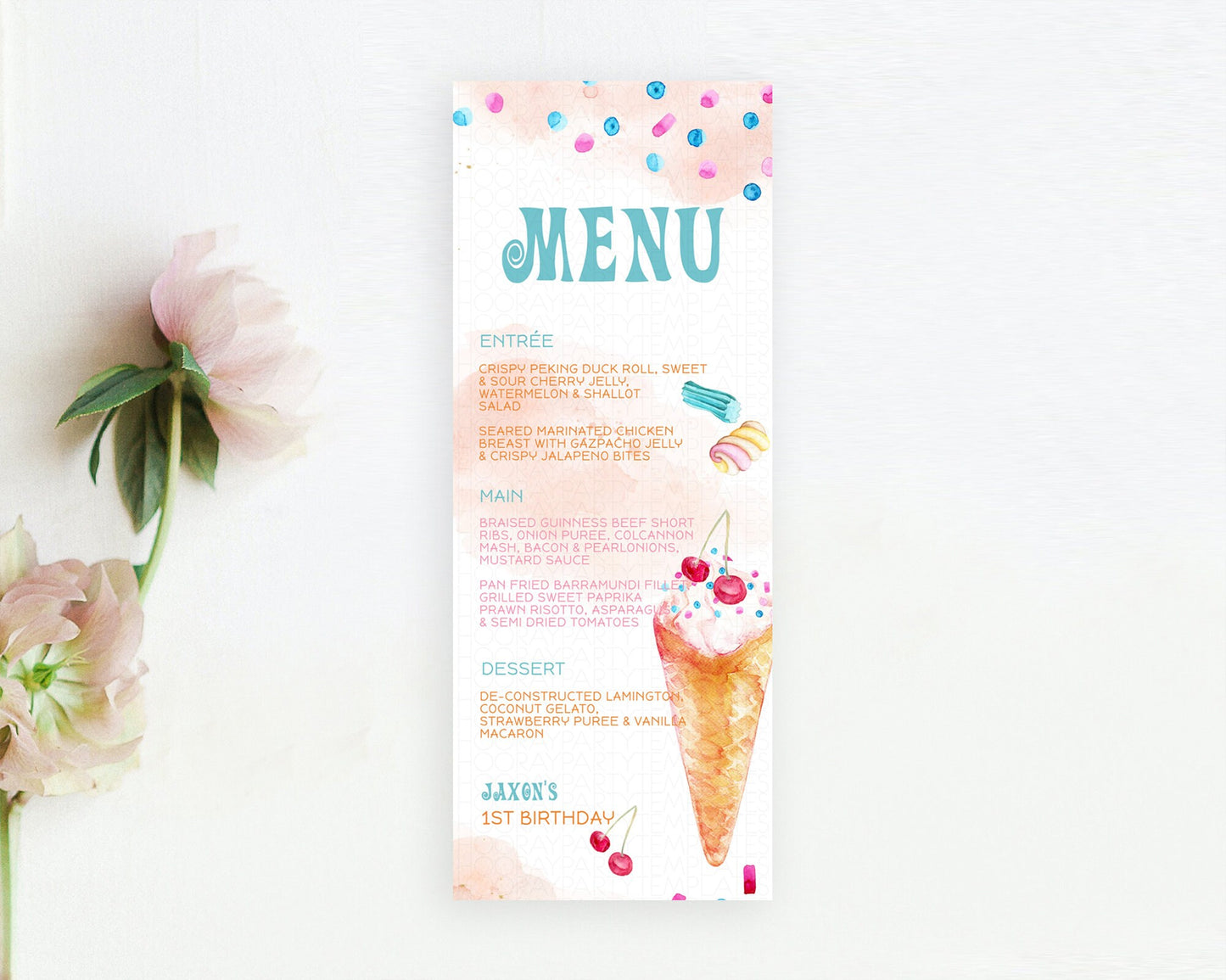 Ice Cream Menu Sweet One Menu Template Heres The Scoop Decor Pastel Candy Table Decor Candy Scoop Dinner Dessert Party Food Menu D10554