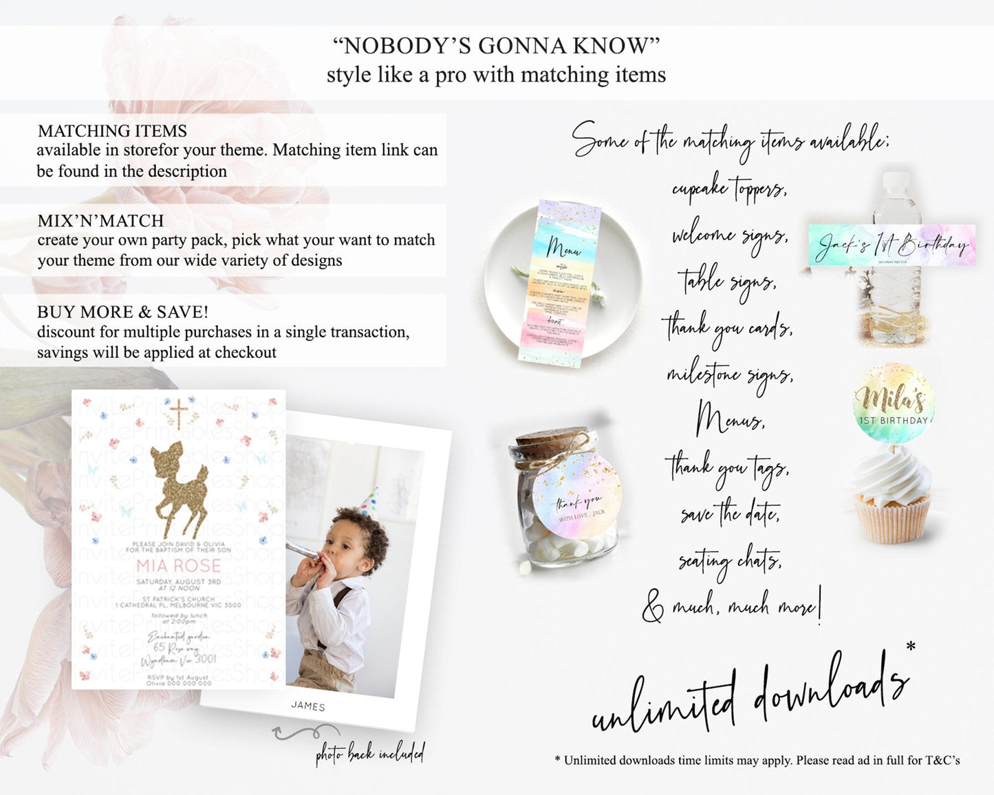 Fawn Baptism Invitation Deer Baptism 1st Birthday Invitation Enchanted Forest Christening Invitation Pastel Garden Butterfly Floral D10359