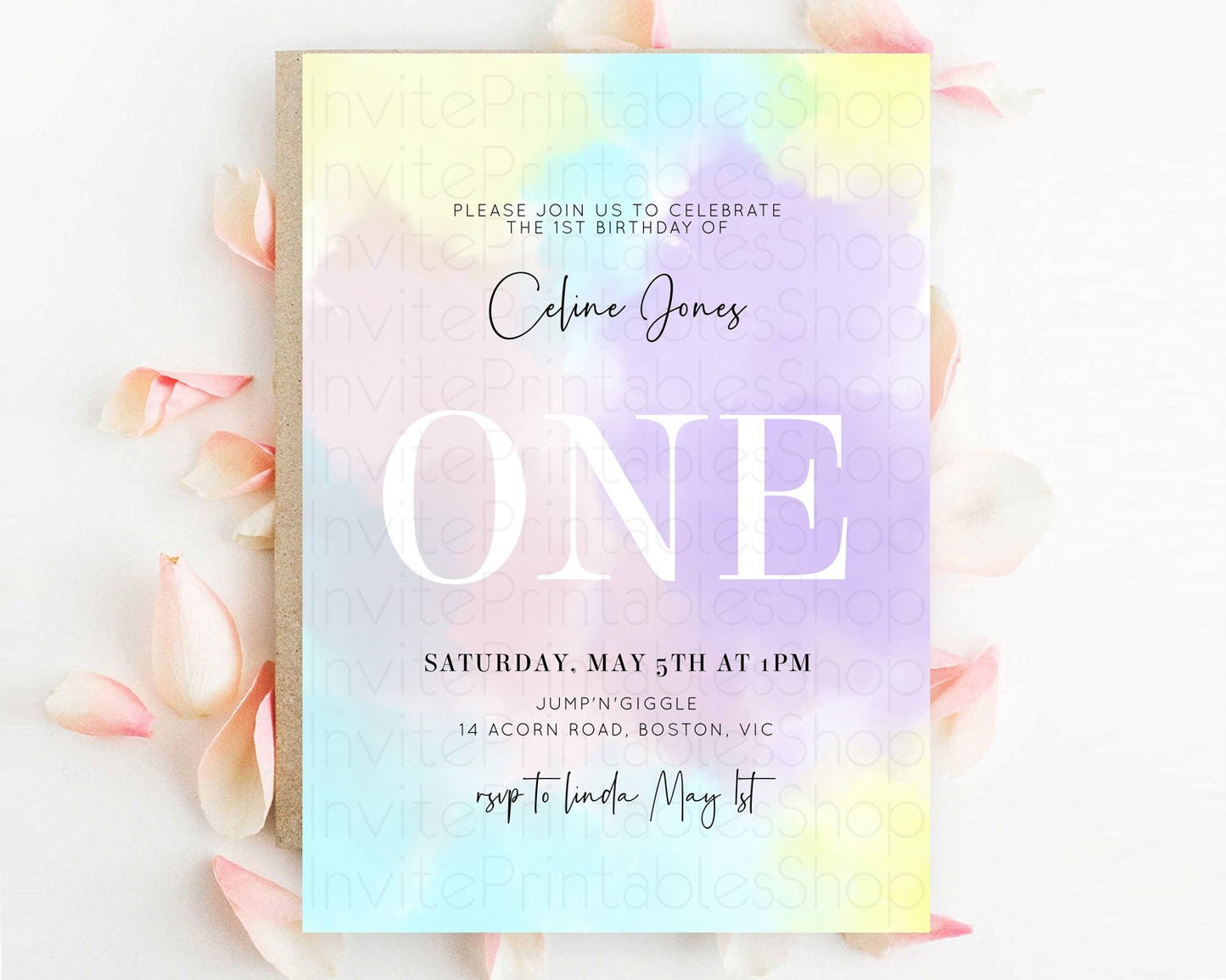 Rainbow Birthday Invitation Colorful Pastel Watercolor Invitation Gold Glitter Sprinkles Ombre Pastel 1st 2nd 3rd Birthday D10617