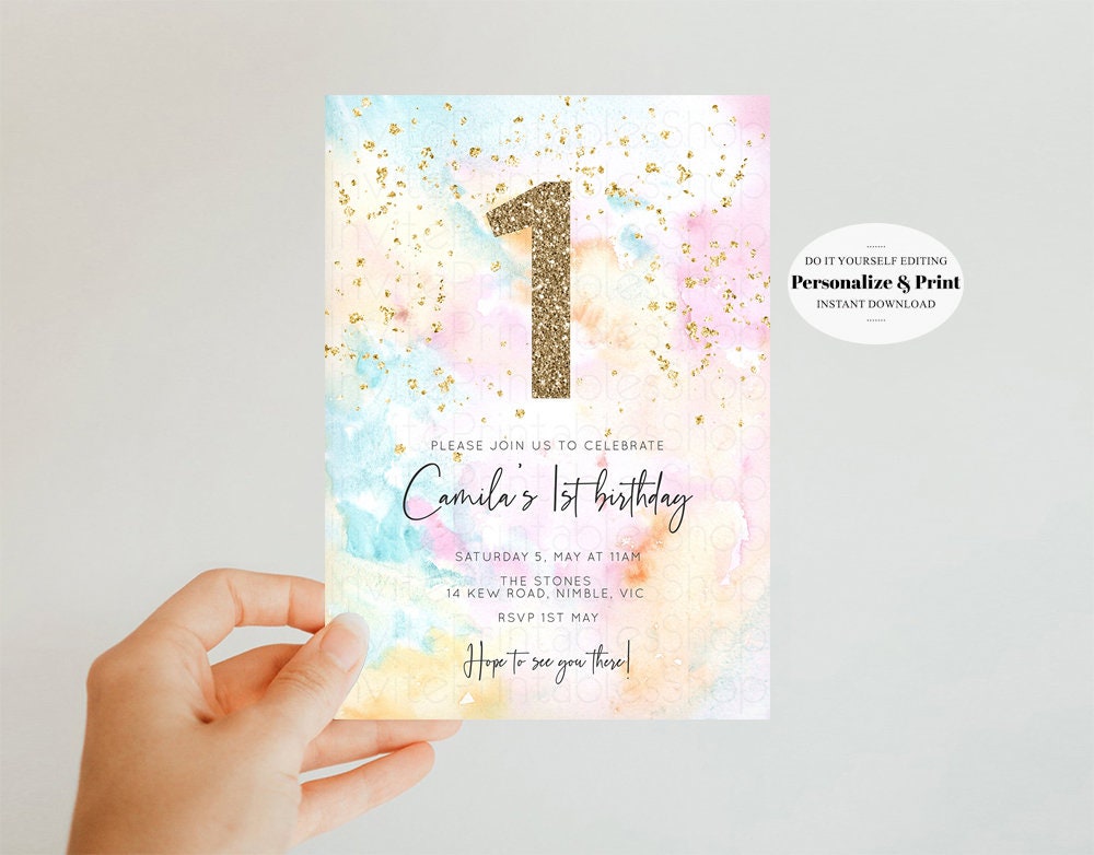 Rainbow Birthday Invitation Pastel Birthday Invitation Colorful Watercolor Invite Ombre Pastel Invitation Gold Glitter Sprinkles Invite G566