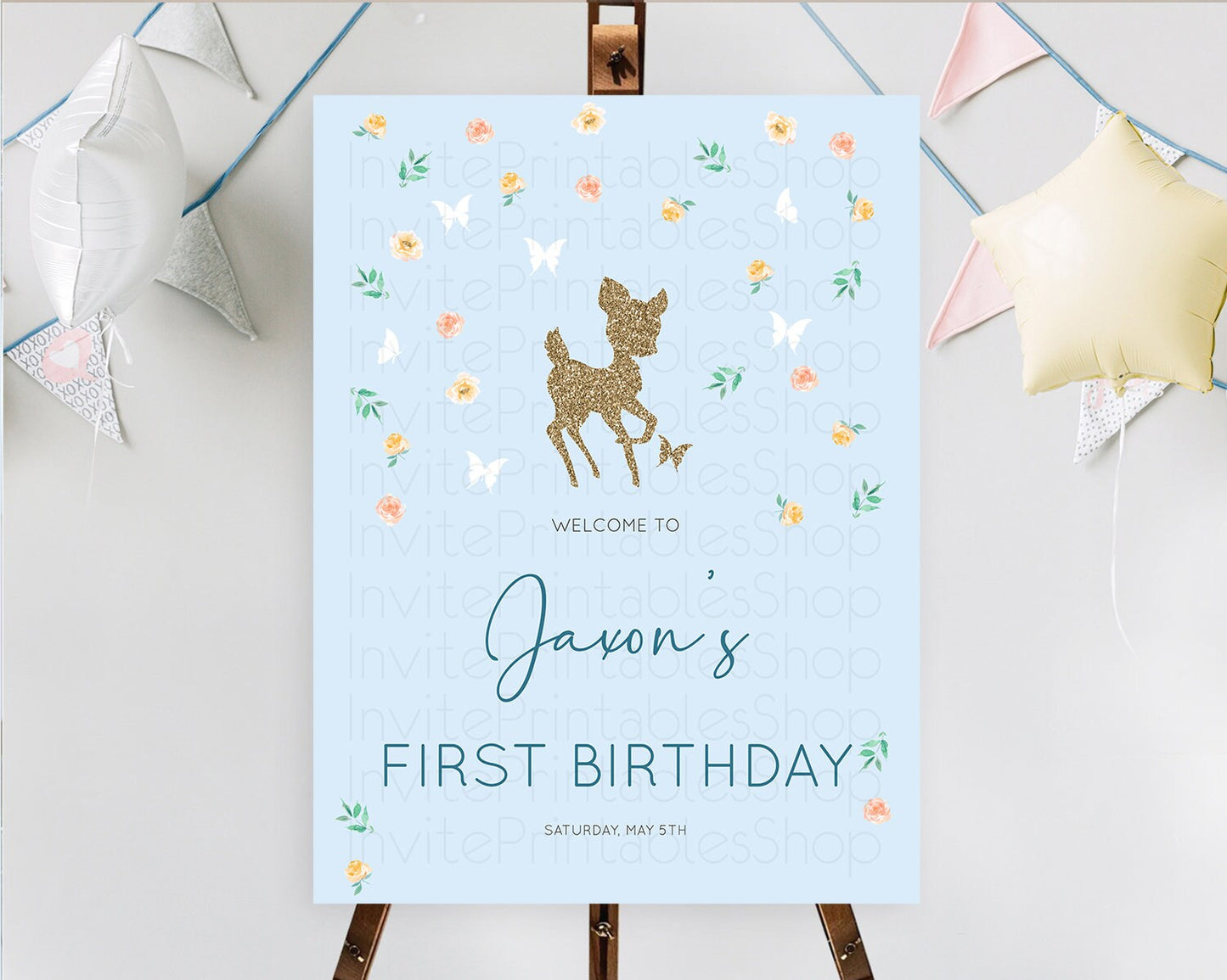 Fawn Welcome Sign Deer Welcome Board Floral Deer Welcome Poster Enchanted Forest Butterfly Pastel Floral First Birthday Welcome Sign D10902