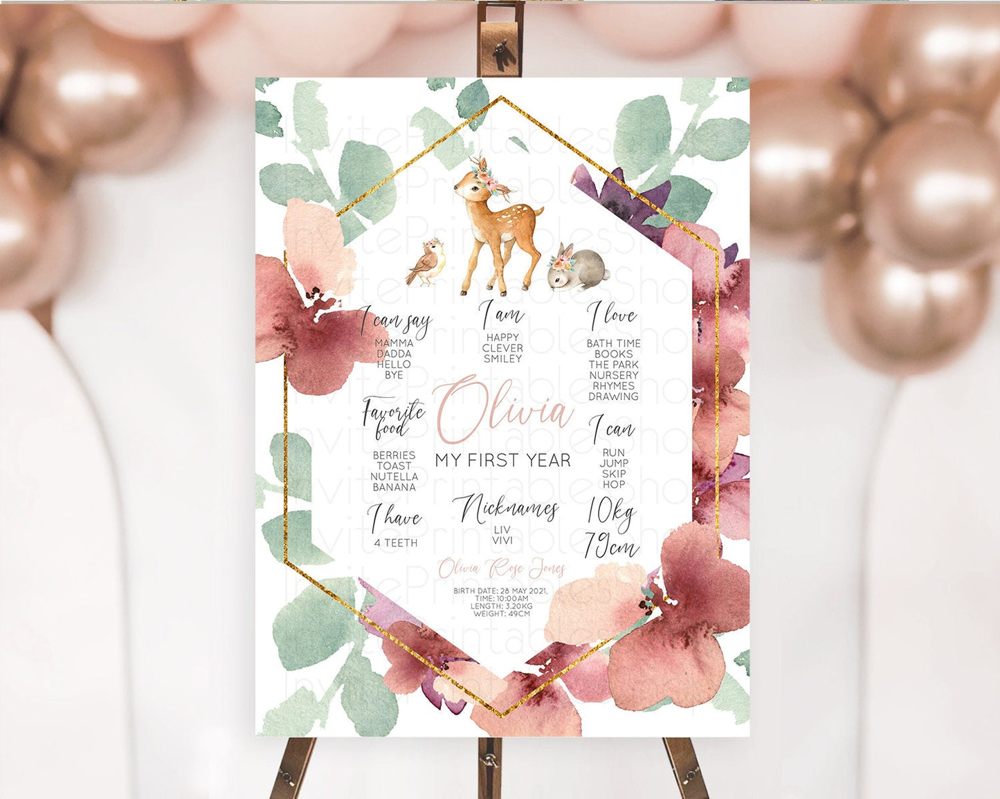 Fawn First Birthday Milestone Board Deer First Birthday Milestone Poster Enchanted Forest Butterfly Pastel Flowers 1st Birthday Sign D10913