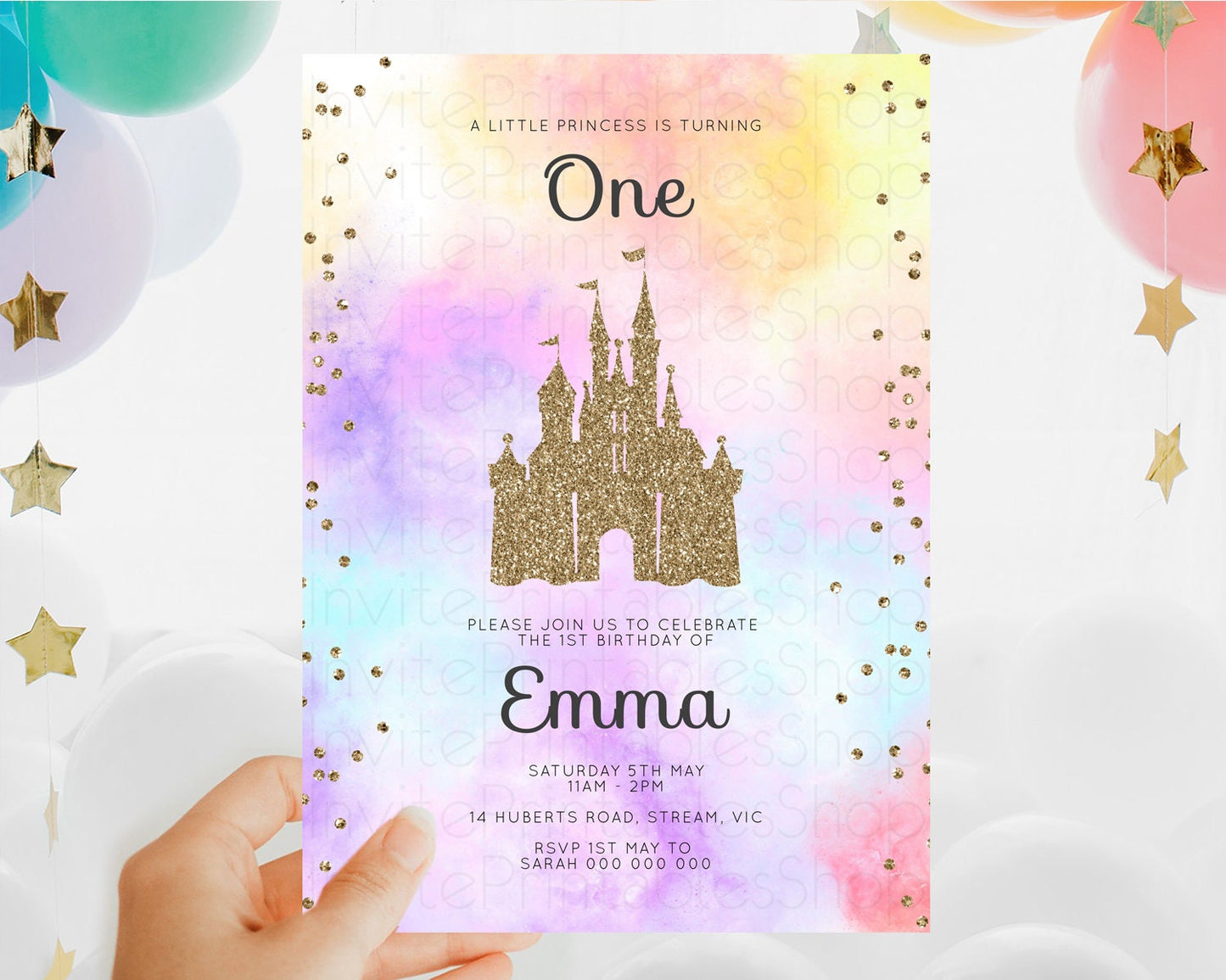 Princess Birthday Invitation Princess Invitation Pastel Invitation Royal Birthday Rainbow Color Enchanted Castle 1st First Birthday D10148