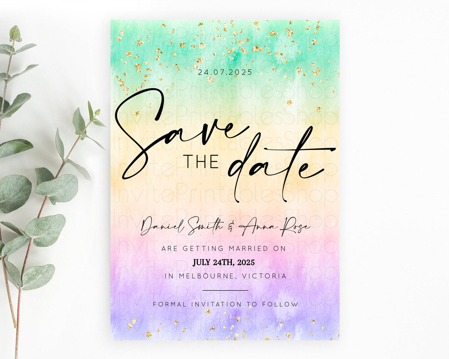 Pastel Save The Date Template Pastel Ombre Rainbow Watercolor Colorful Party For Birthday Baptism Baby Shower Wedding Bridal Shower D10481