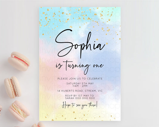 Rainbow Birthday Invitation Colorful Pastel Watercolor Invitation Gold Glitter Sprinkles Ombre Pastel 1st 2nd 3rd Birthday D10368