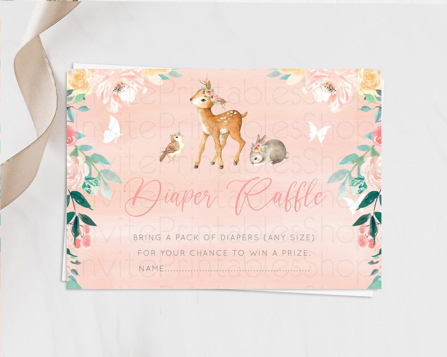 Fawn Diaper Raffle Card Deer Diaper Insert Floral Deer Diaper Ticket Enchanted Forest Butterfly Pastel Baby Shower Raffle Game D10921