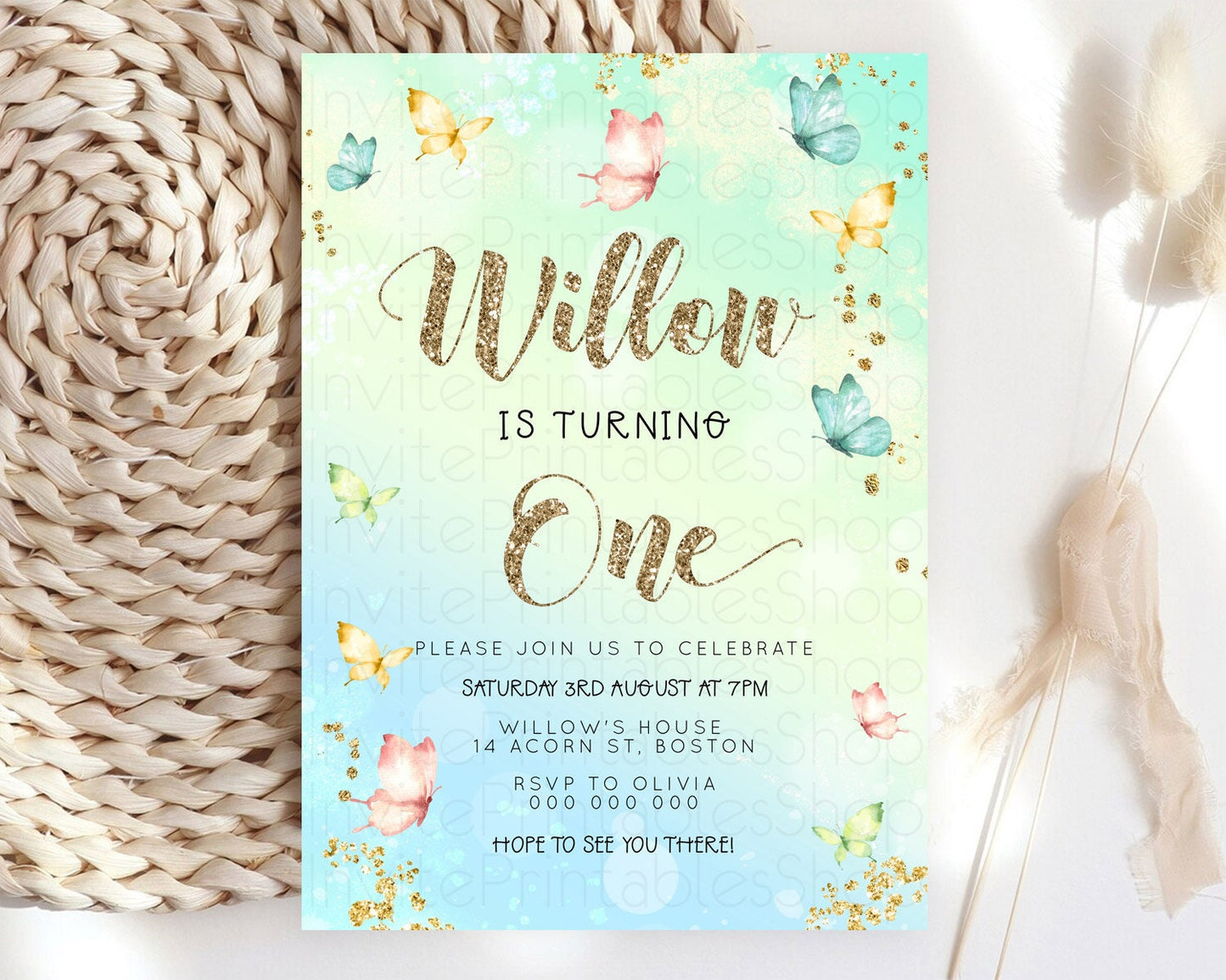 Pastel Butterfly Birthday Invitation Butterfly Birthday Invitation Colorful Splash Glitter Butterfly Garden 1st 2nd Birthday D23078