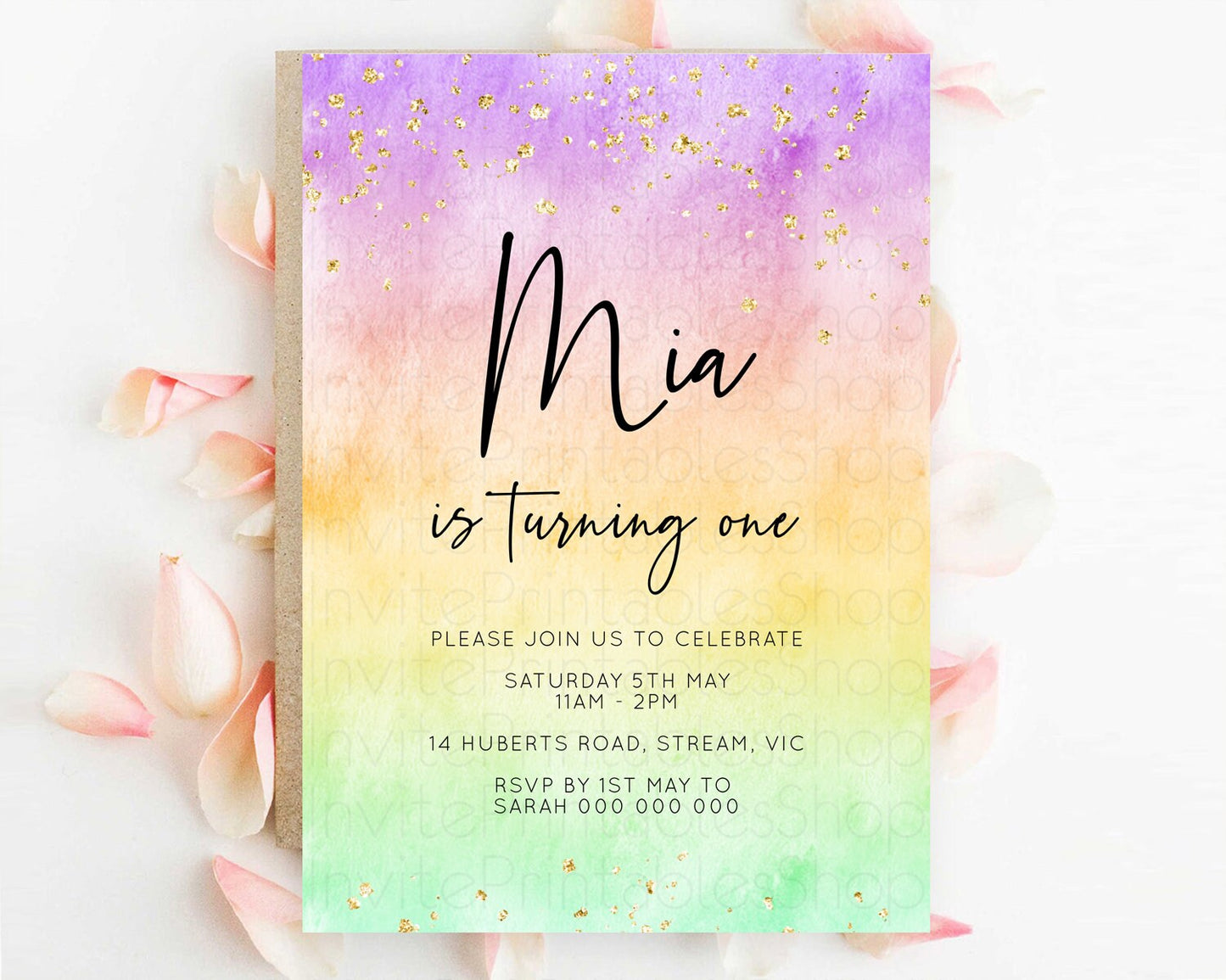 Rainbow Birthday Invitation Colorful Pastel Watercolor Invitation Gold Glitter Sprinkles Ombre Pastel 1st 2nd 3rd Birthday D10514