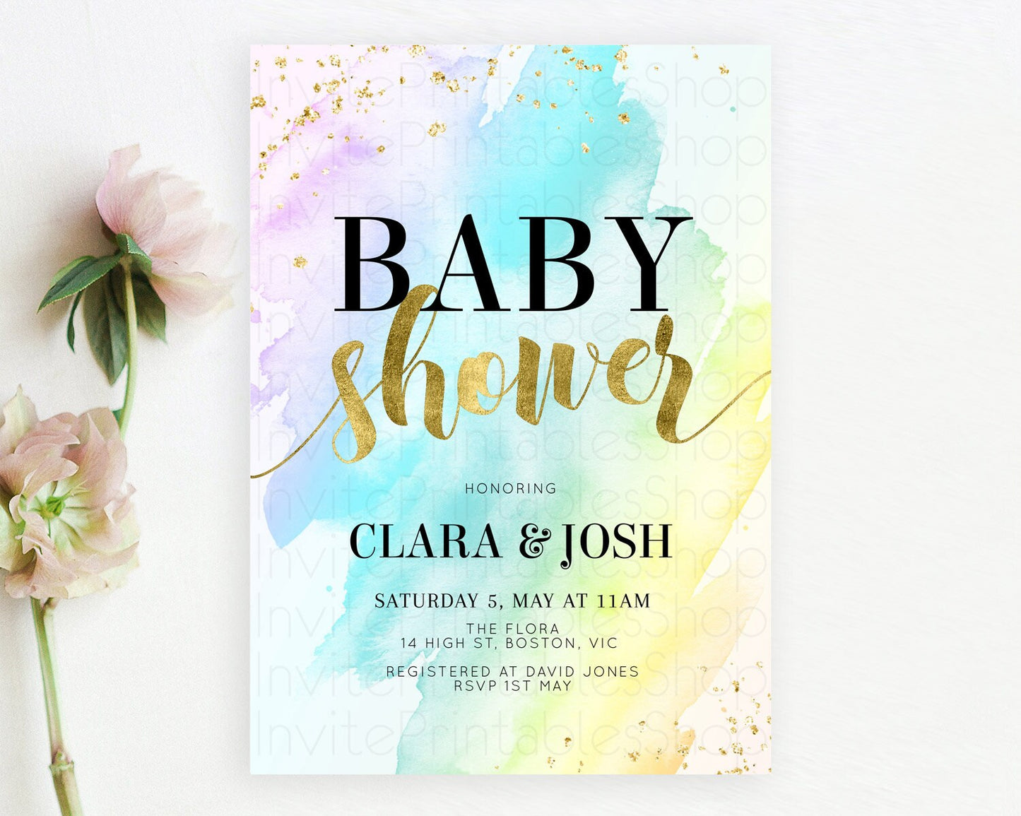 Pastel Baby Shower Invitation Rainbow Baby Shower Invitation Colorful Pastel Watercolor Invitation Gold Glitter Sprinkles Ombre D11026