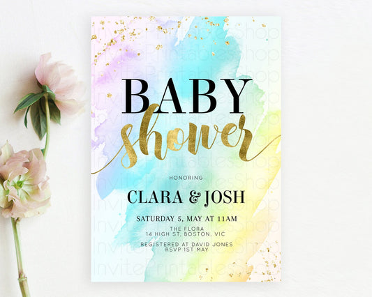 Pastel Baby Shower Invitation Rainbow Baby Shower Invitation Colorful Pastel Watercolor Invitation Gold Glitter Sprinkles Ombre D11026