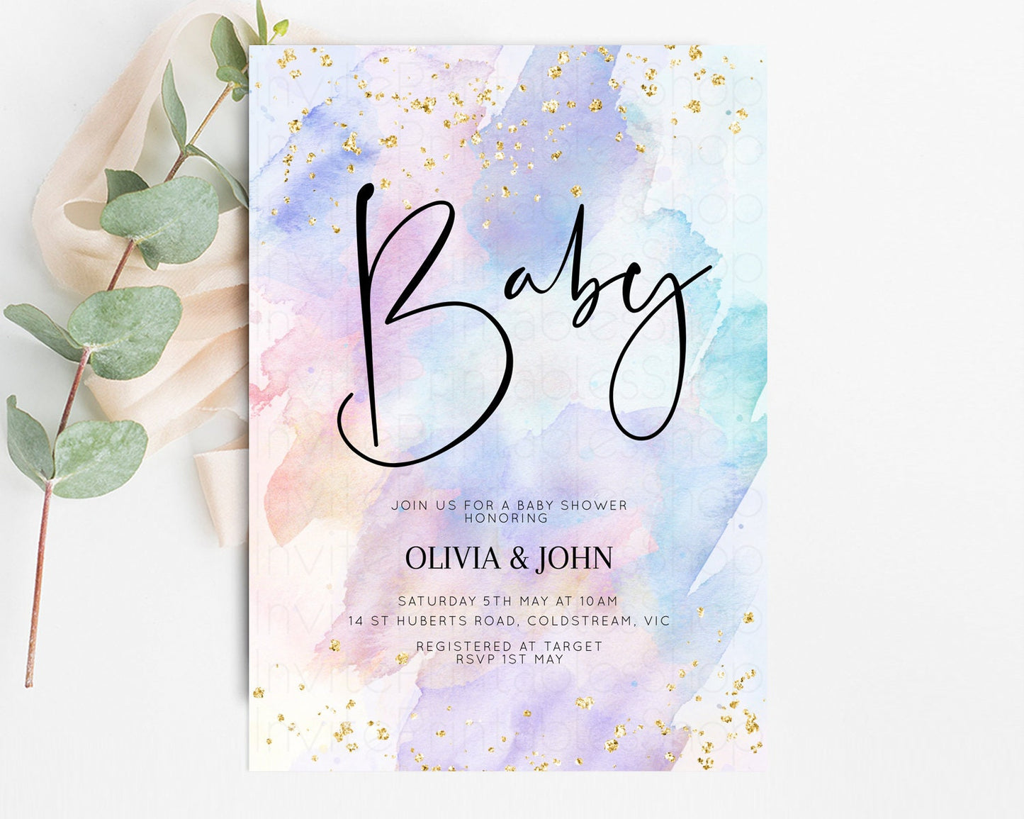 Rainbow Baby Shower Invitation Watercolor Pastel Invitation Colorful Splash Baby Invite Gold Glitter Sprinkles Ombre Gender Reveal t576