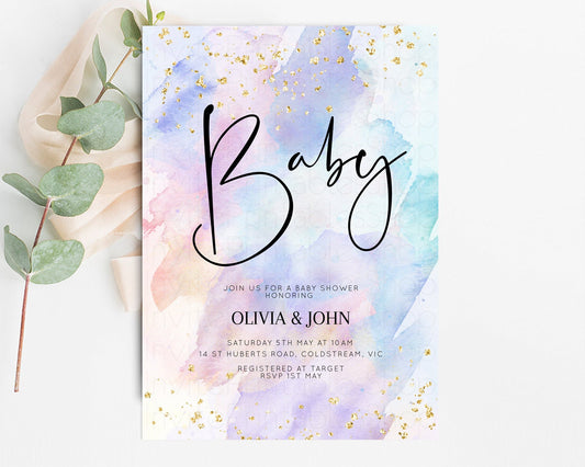 Rainbow Baby Shower Invitation Watercolor Pastel Invitation Colorful Splash Baby Invite Gold Glitter Sprinkles Ombre Gender Reveal t576