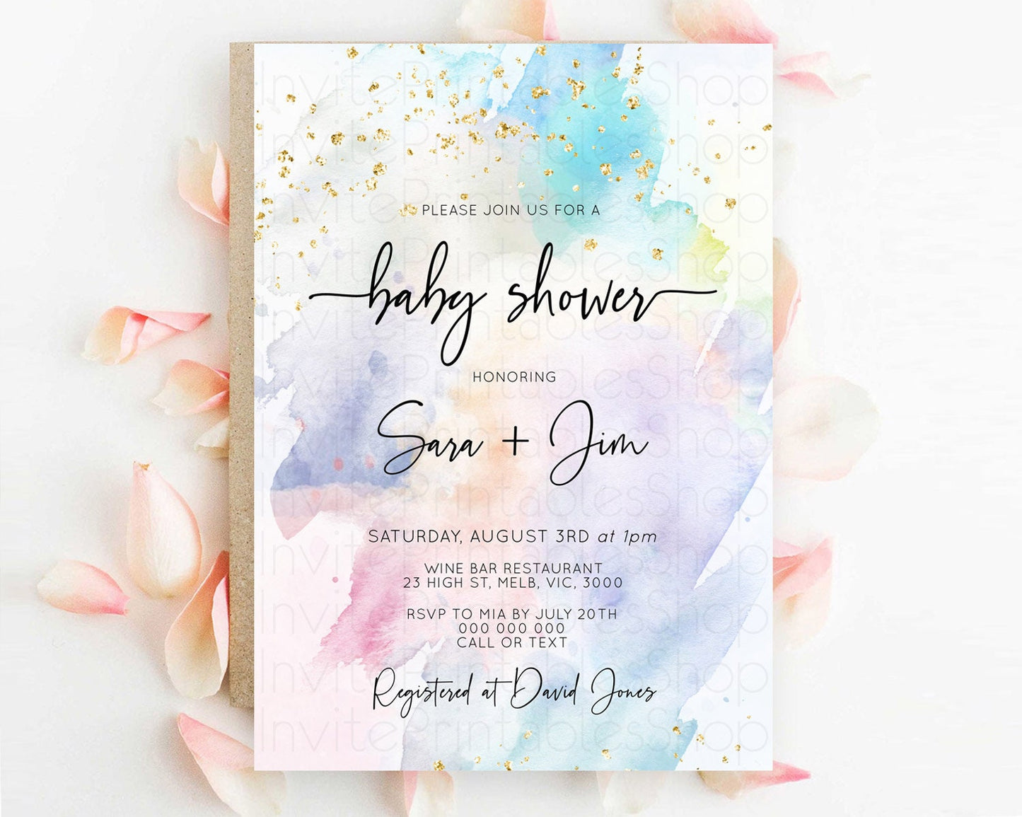 Pastel Baby Shower Invitation Rainbow Baby Shower Invitation Colorful Pastel Watercolor Invitation Gold Glitter Sprinkles Ombre D10424