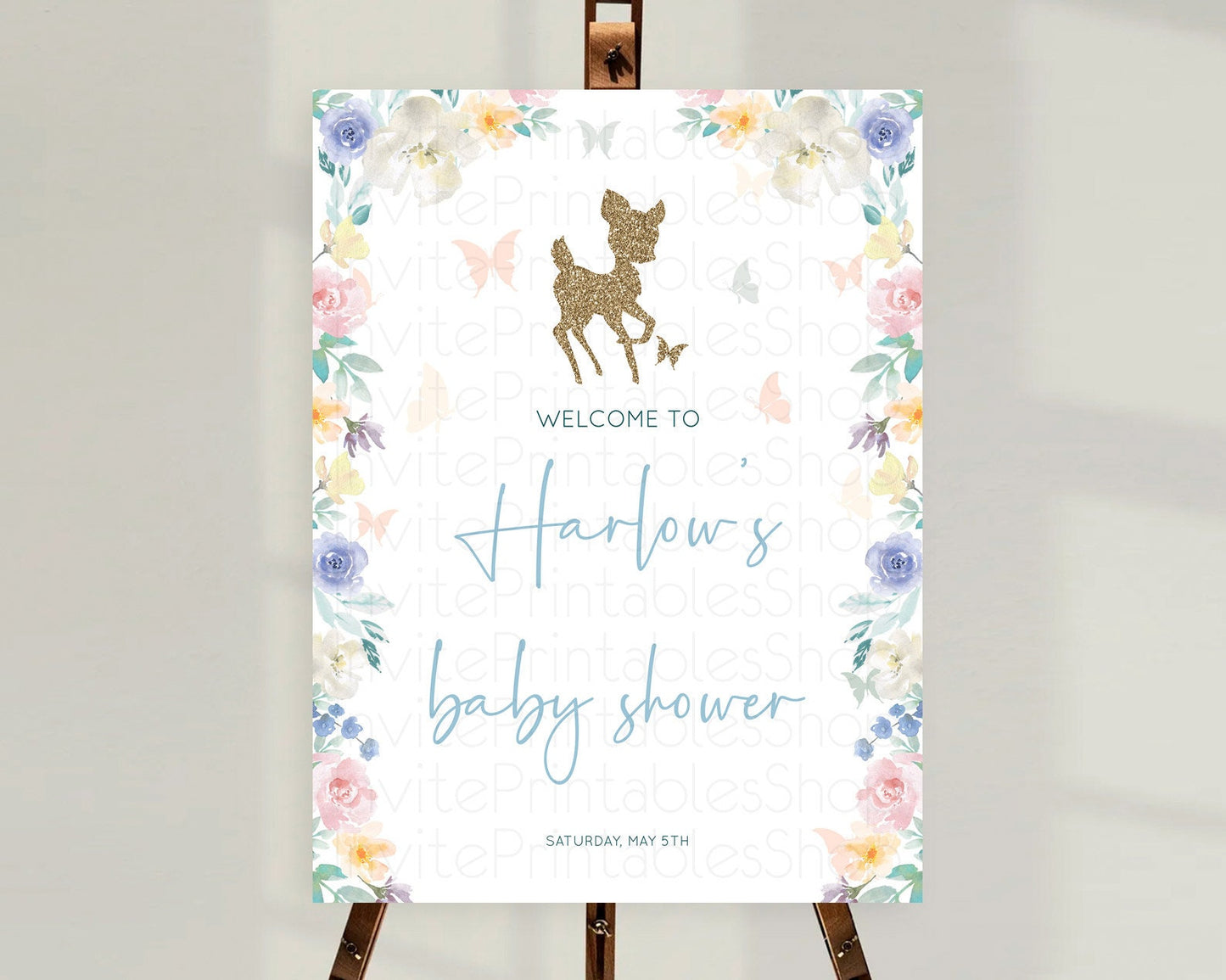 Fawn Baby Shower Welcome Sign Deer Welcome Board Floral Deer Welcome Poster Enchanted Forest Butterfly Pastel Floral Welcome Sign D10878