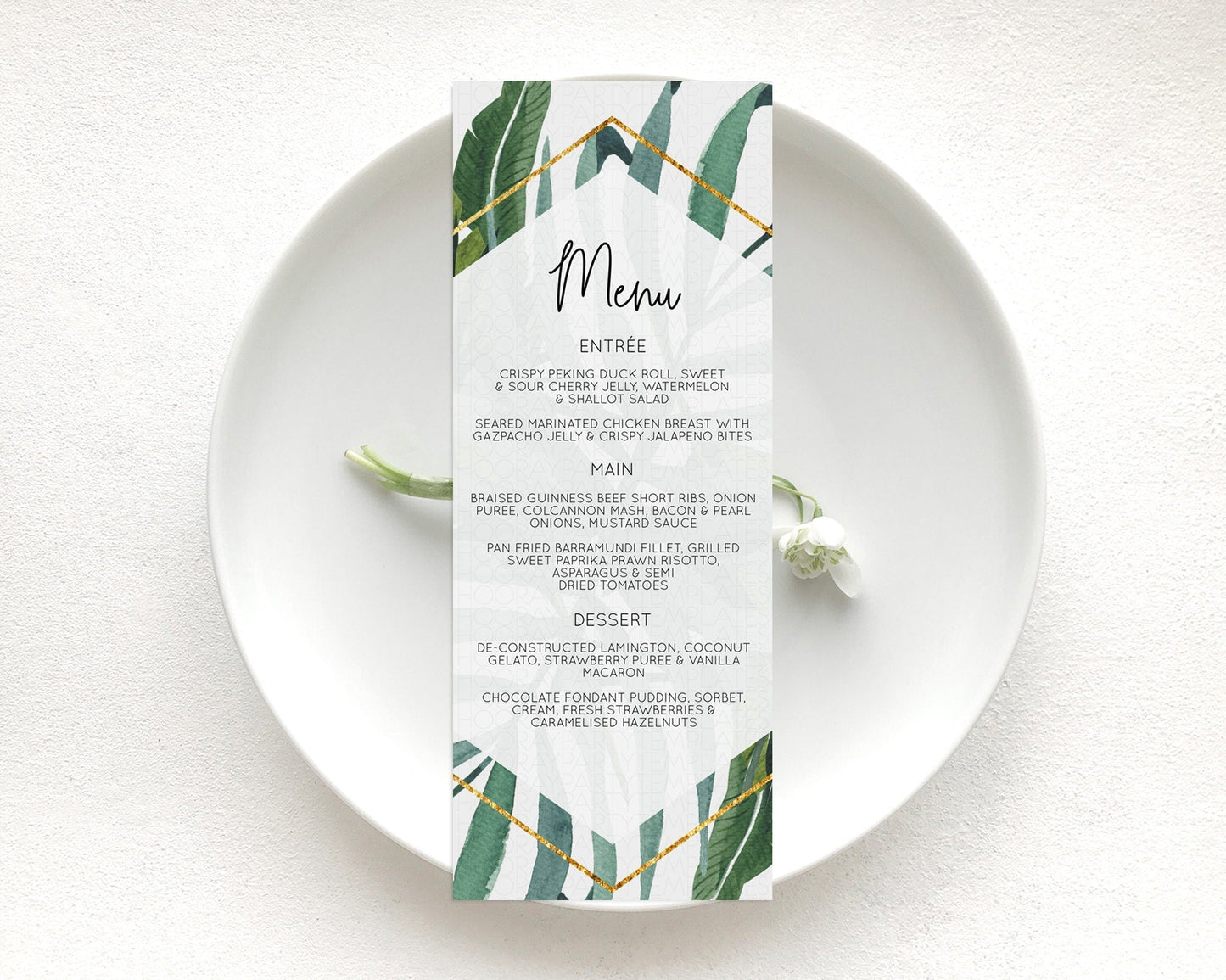 Tropical Menu Template Tropical Menu Palm Leaf Fern Table Decor Frangipani Floral White Orchid Dinner Dessert Menu Party Food Menu D11045