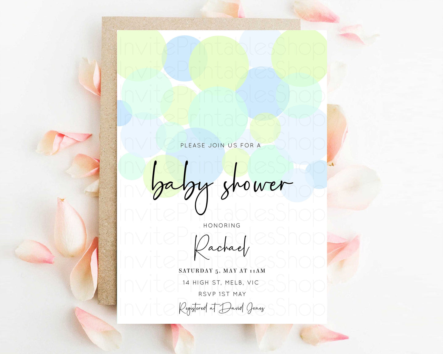 Pastel Baby Shower Invitation Colorful Rainbow Bubbles Confetti Sprinkles Blue Pink Yellow Green Boy Girl Gender Reveal Neutral 208