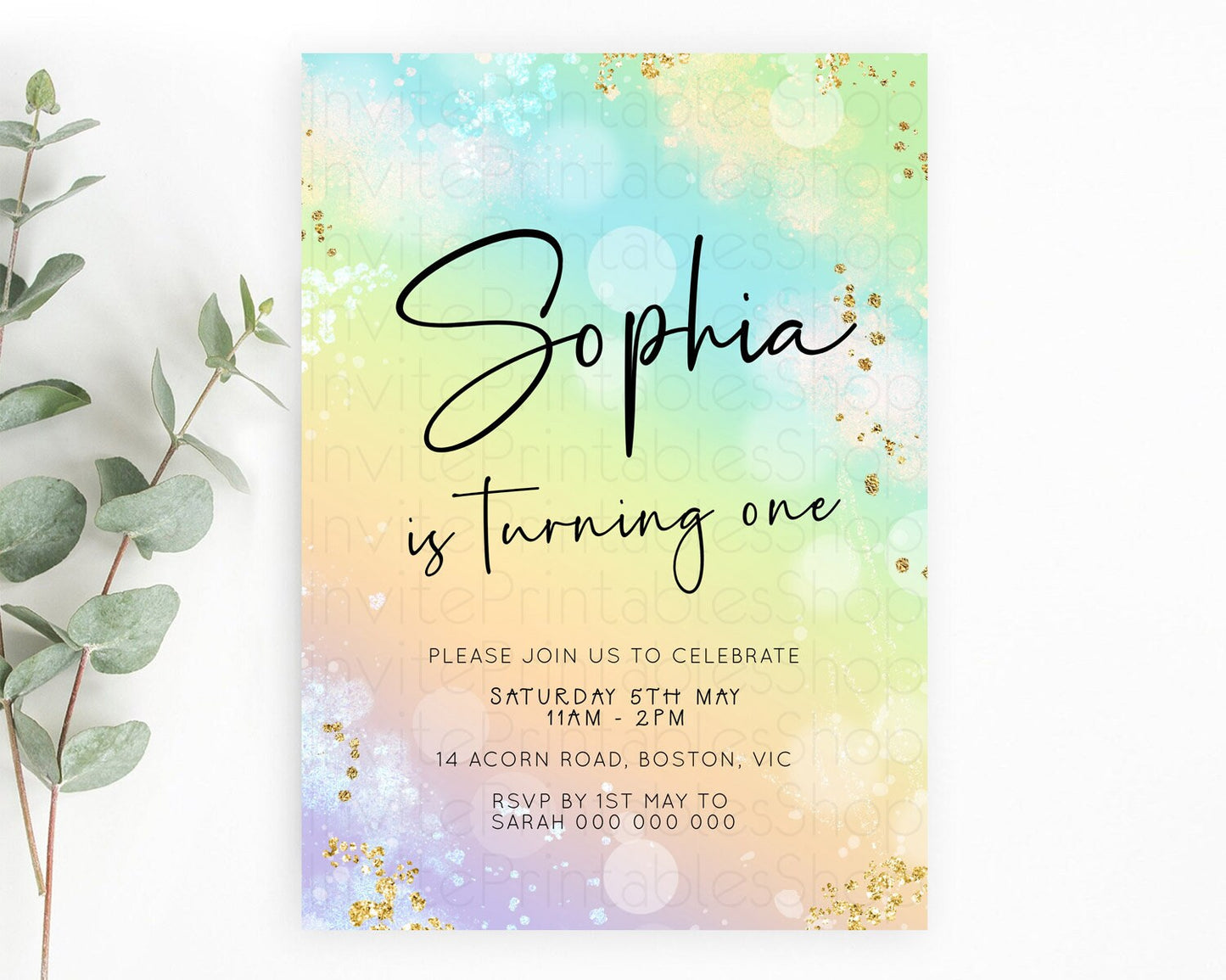 Pastel Birthday Invitation Ombre Watercolor Birthday Invitation Glitter Rainbow Color Splash 1st 2nd 3rd Birthday Invitation D23101