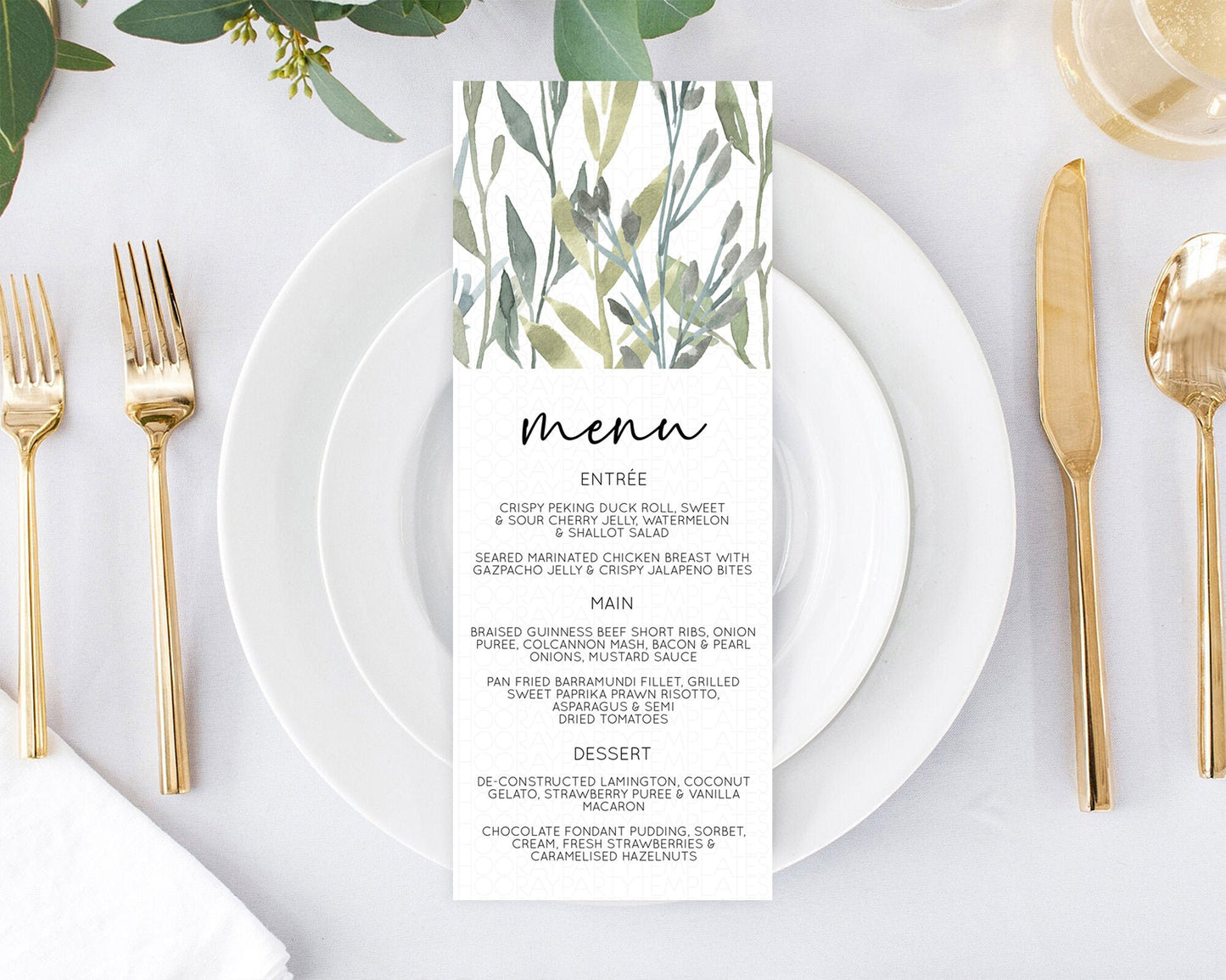 Editable Leafy Menu Green Leaf Menu Template Eucalyptus Fern Leaves Decor Wa