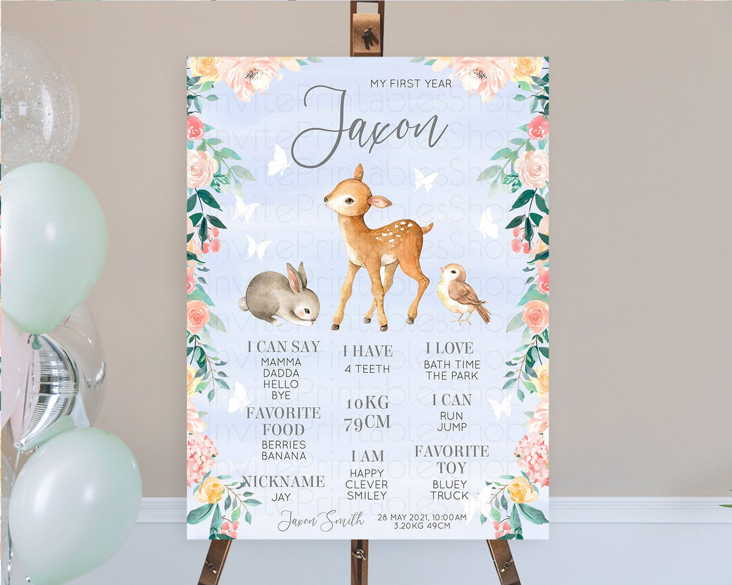 Fawn First Birthday Milestone Board Deer First Birthday Milestone Poster Enchanted Forest Butterfly Pastel Flowers 1st Birthday Sign D10920