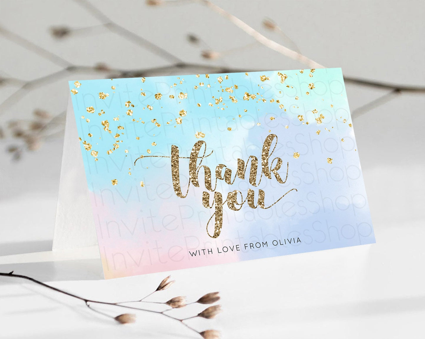 Pastel Thank You Rainbow Thank You Card Colorful Pastel Birthday Thank You Card Confetti Watercolor Pastel Teacher Thank You Cards D10367