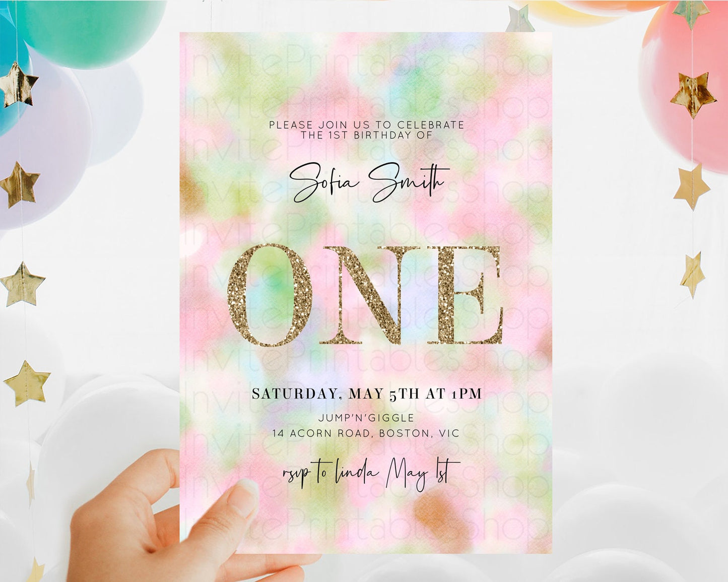 Rainbow Birthday Invitation Colorful Pastel Watercolor Invitation Gold Glitter Sprinkles Ombre Pastel 1st 2nd 3rd Birthday D10698