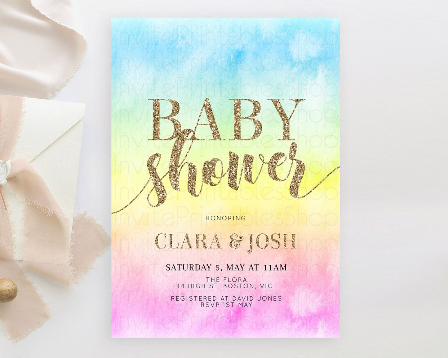 Pastel Baby Shower Invitation Rainbow Baby Shower Invitation Colorful Pastel Watercolor Invitation Gold Glitter Sprinkles Ombre D10479