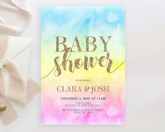 Pastel Baby Shower Invitation Rainbow Baby Shower Invitation Colorful Pastel Watercolor Invitation Gold Glitter Sprinkles Ombre D10479