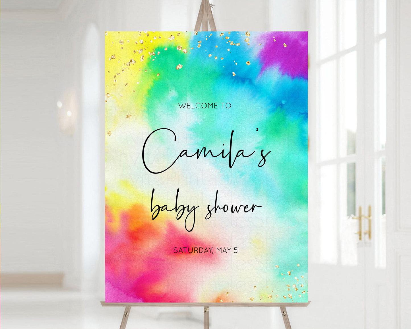 Rainbow Welcome Sign Tie Dye Baby Shower Board Colorful Watercolor Baby Shower Board Pastel Splash Welcome Board Glitter Welcome Poster 511