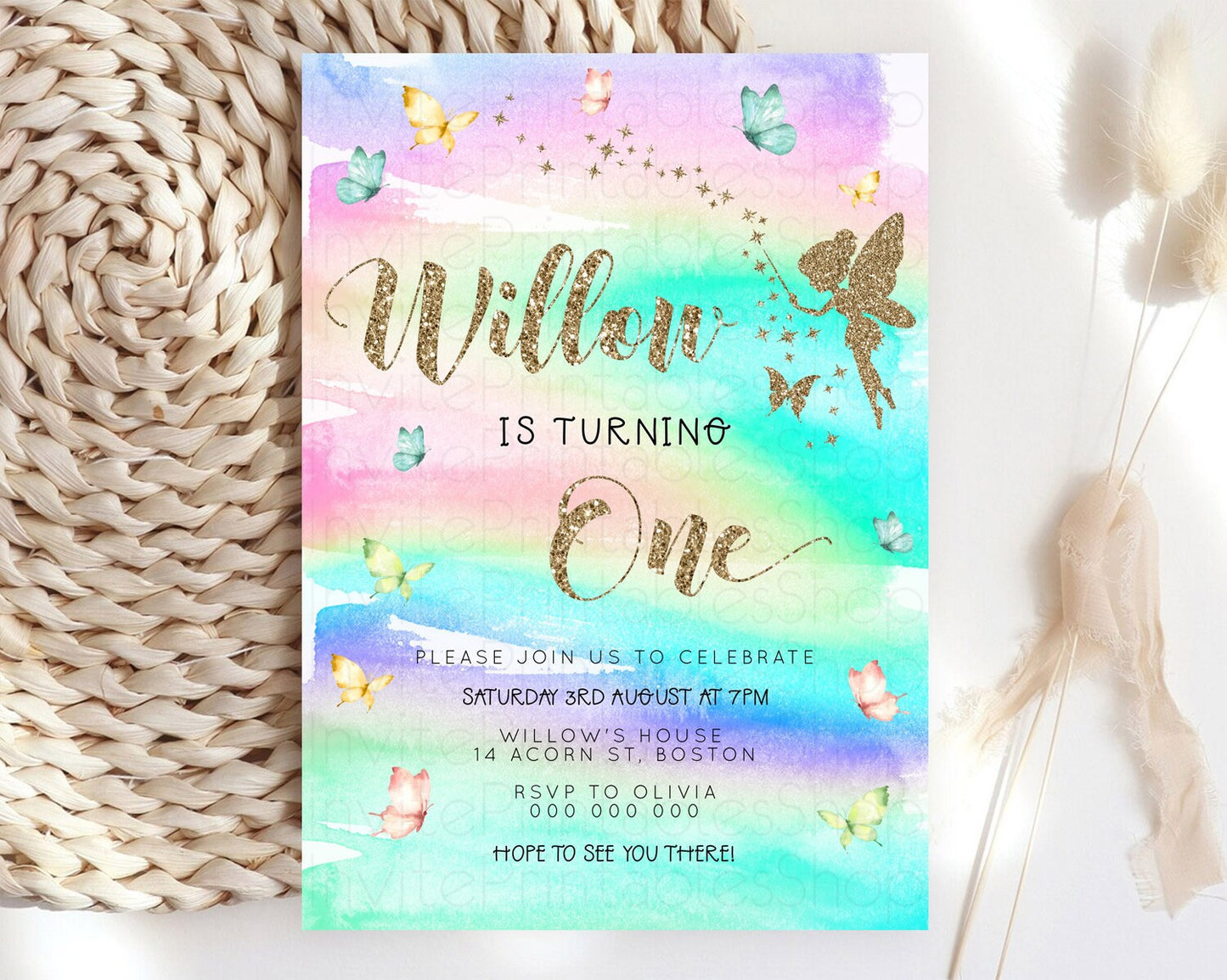 Pastel Fairy Birthday Invitation Pastel Butterflies Fairy Birthday Invitation Rainbow Ombre Watercolor 1st 2nd Birthday Invitation D23308