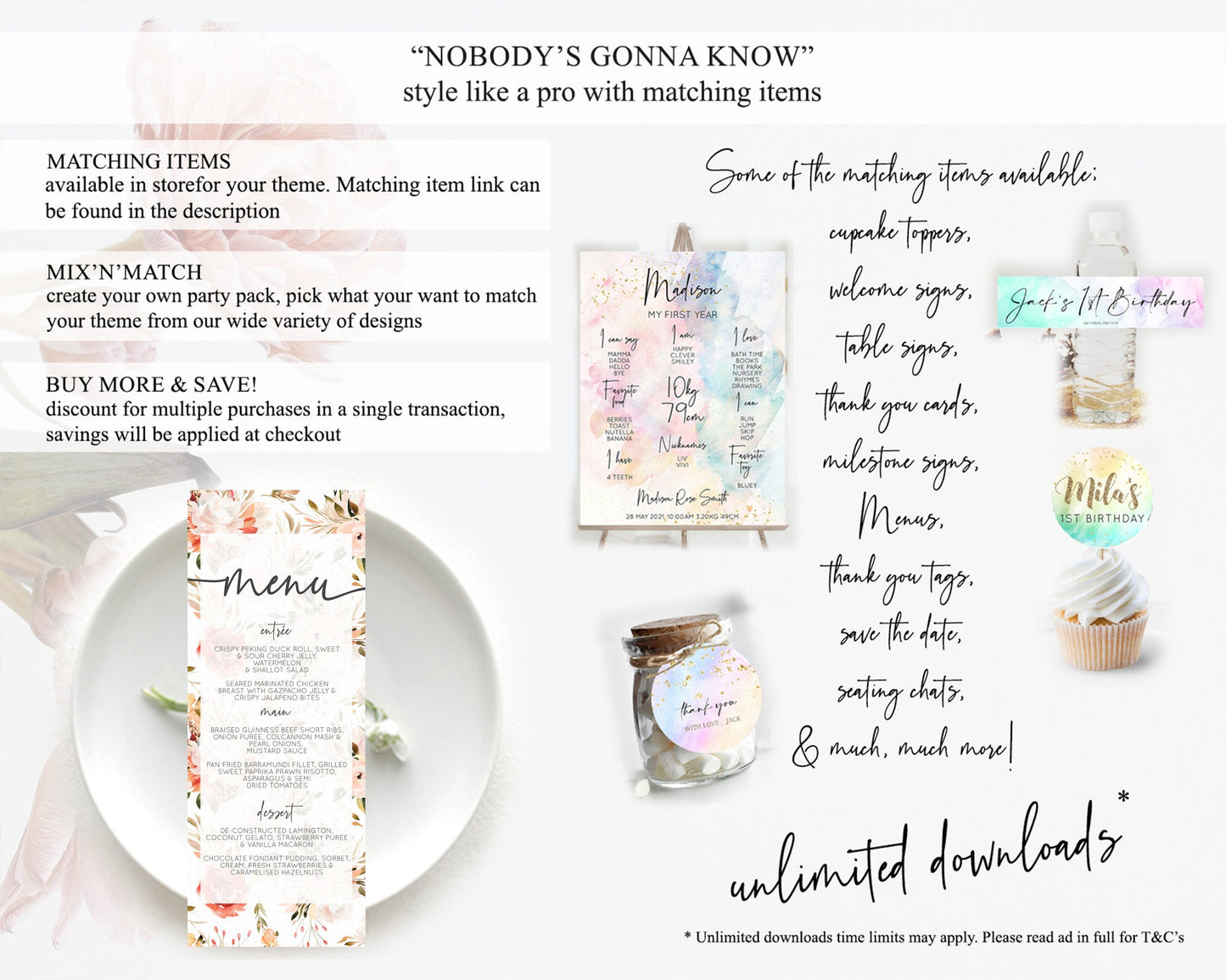 Secret Garden Menu Wildflower Menu Template Pastel Flower Garden Table Decor Boho Floral Dinner Dessert Floral Party Food Menu D10540