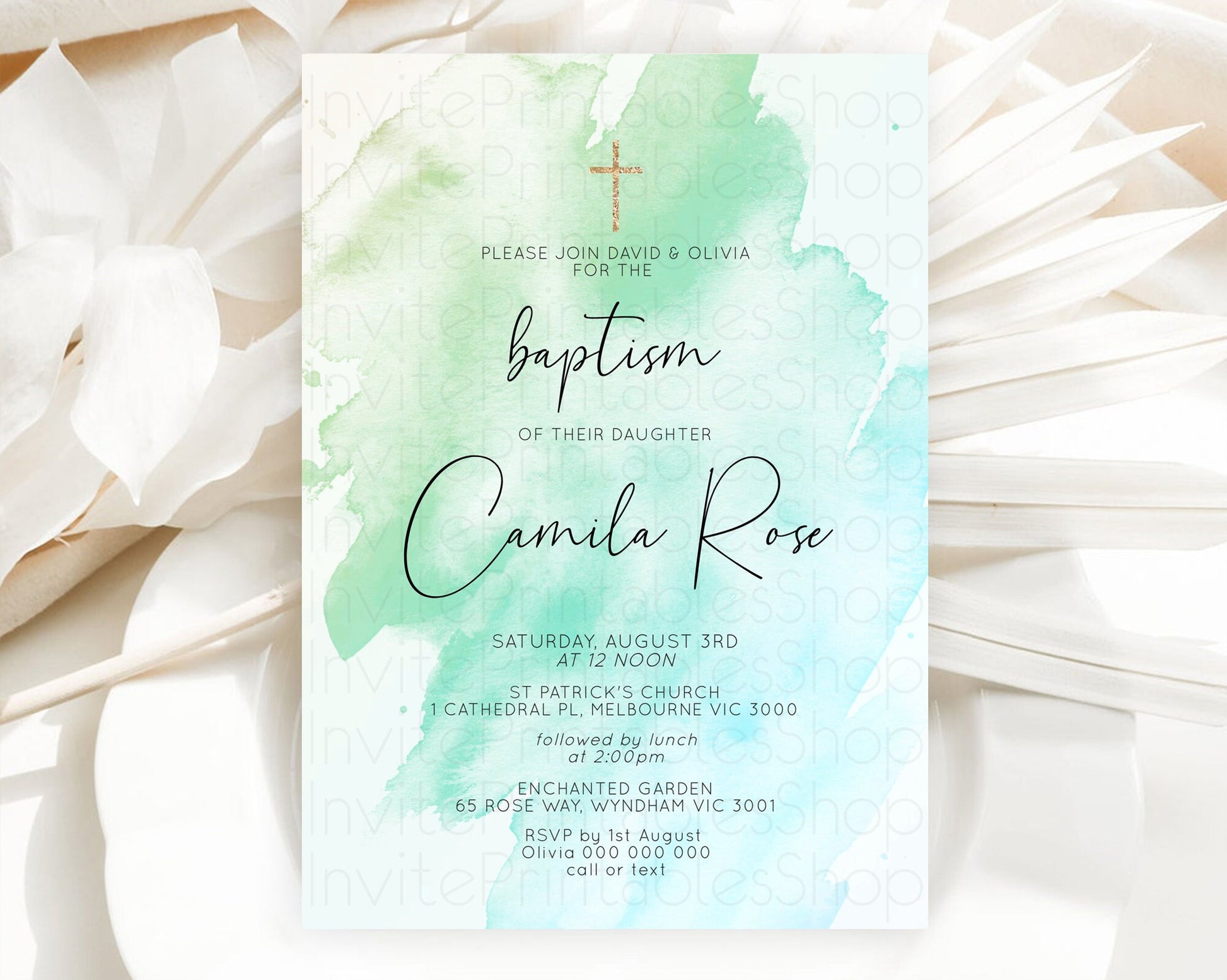 Editable Green Baptism Invitation green Watercolor Baptism 1st Birthday Invi