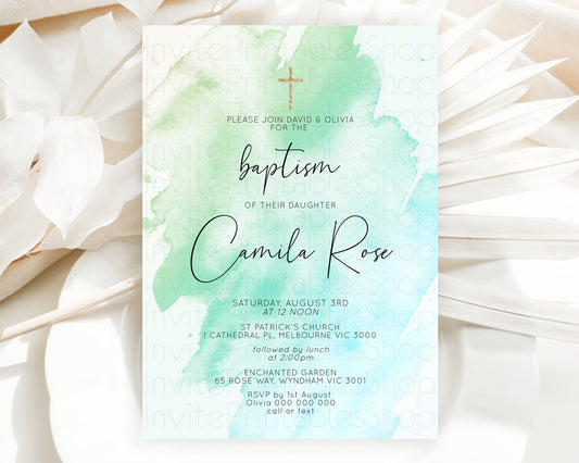 Editable Green Baptism Invitation green Watercolor Baptism 1st Birthday Invi