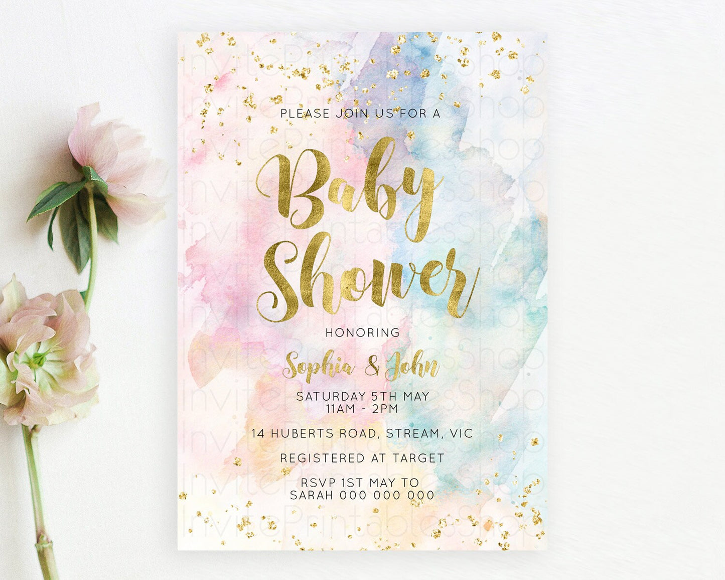 Editable Pastel Rainbow Baby Shower Invitation, Colorful Watercolor with Gol