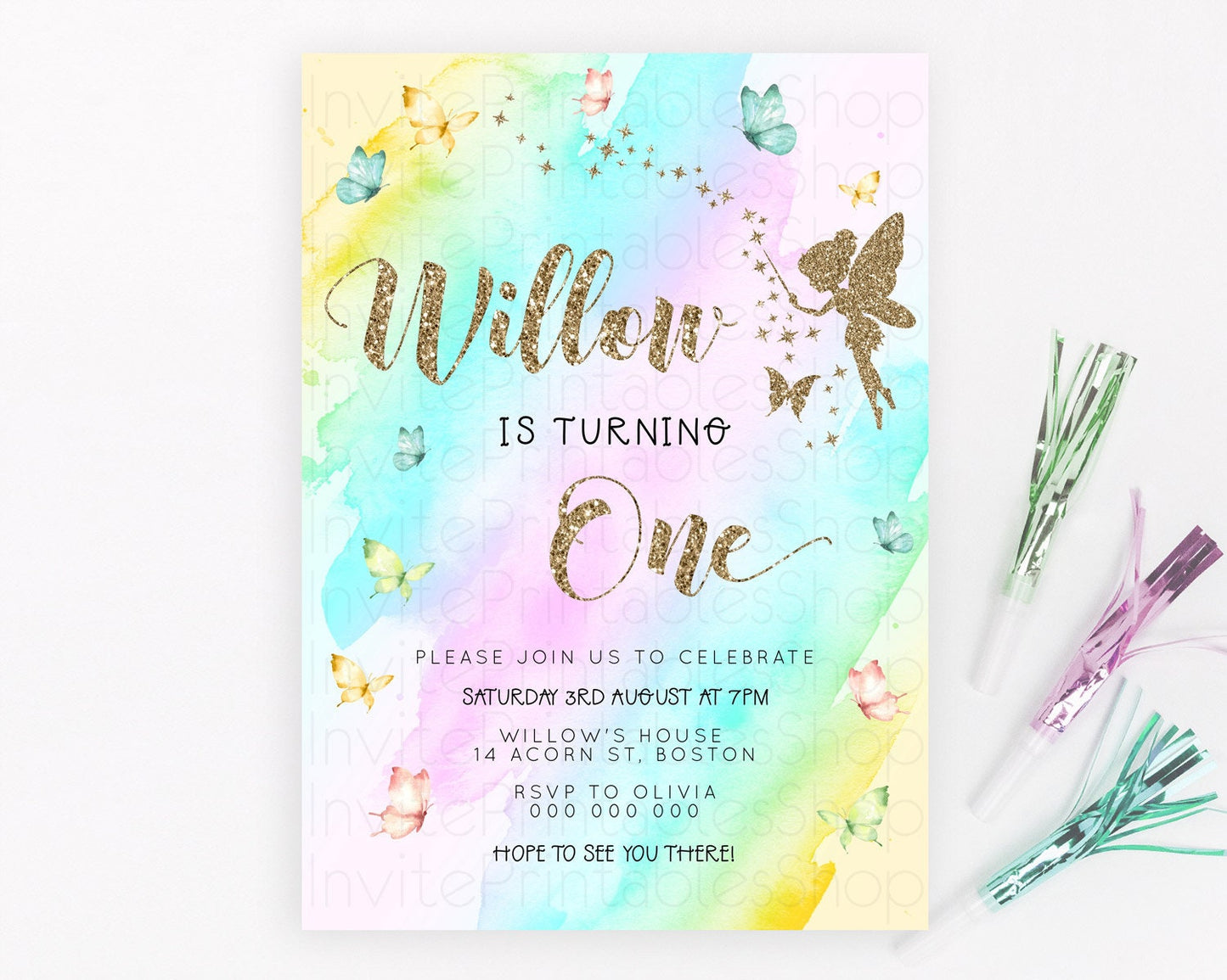 Pastel Fairy Birthday Invitation Pastel Butterflies Fairy Birthday Invitation Rainbow Ombre Watercolor 1st 2nd Birthday Invitation D23332