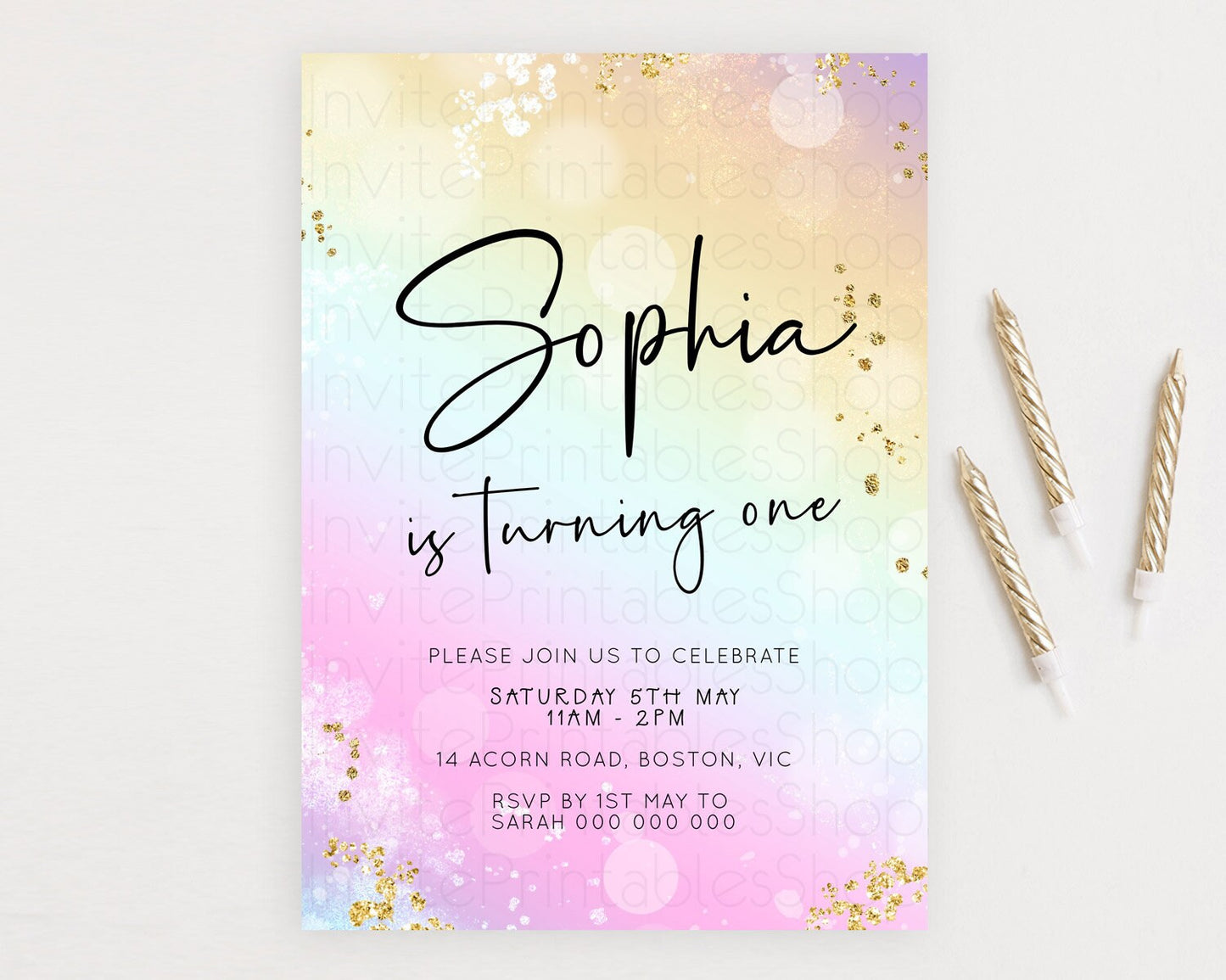 Pastel Birthday Invitation Ombre Watercolor Birthday Invitation Glitter Rainbow Color Splash 1st 2nd 3rd Birthday Invitation D23102