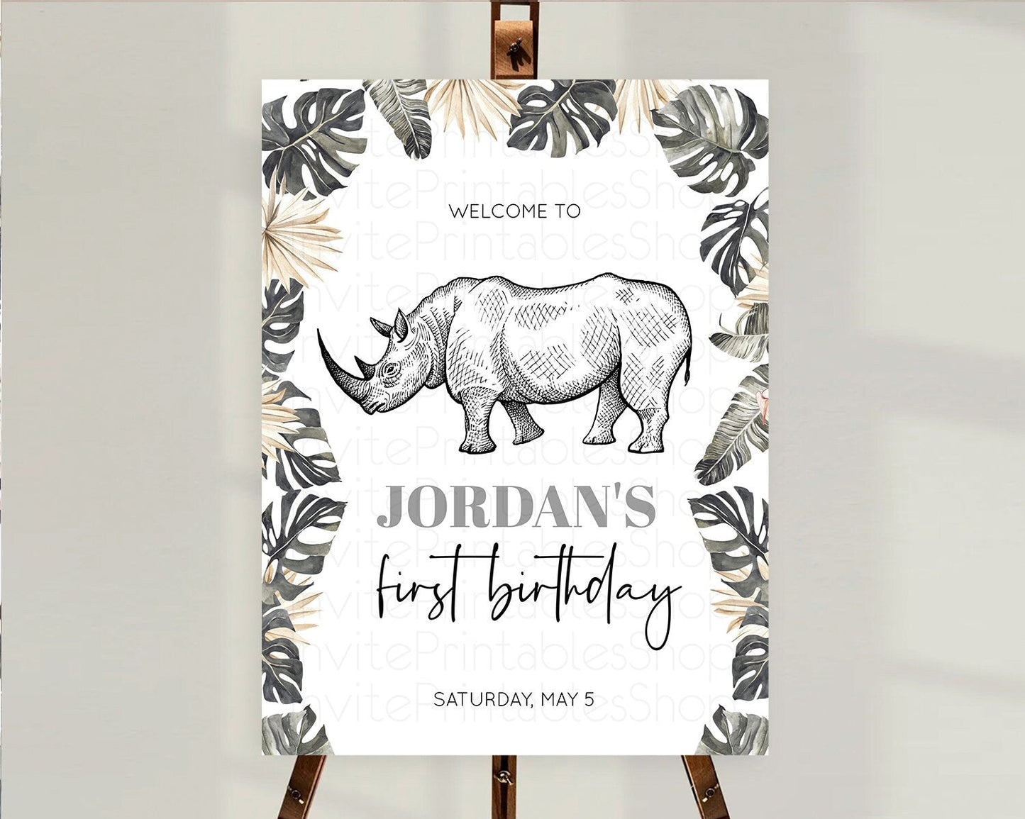 Rhino Welcome Sign Rhino Welcome Board Rhino Welcome Poster Dried Palm Fern Safari Party Decor Rhino First Birthday Welcome Sign D10826