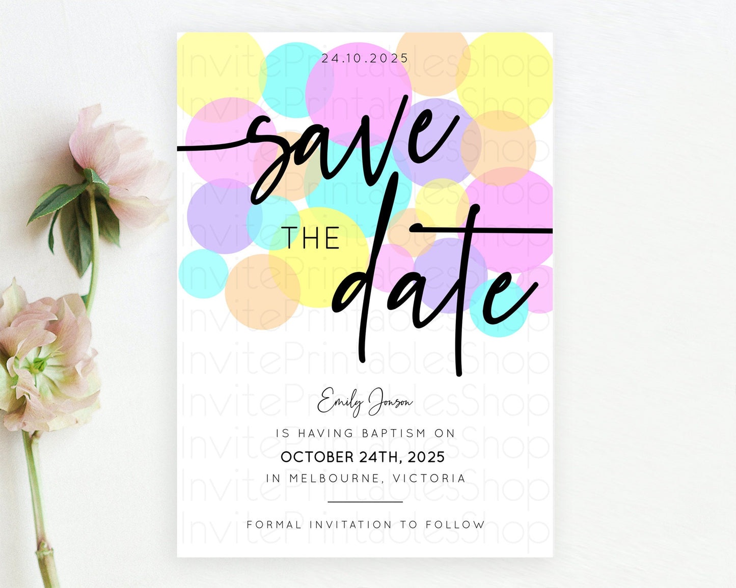 Pastel Confetti Save The Date Template Rainbow Colorful Sprinkles Party For 1st Birthday Baptism Baby Shower Wedding Bridal Shower D10407