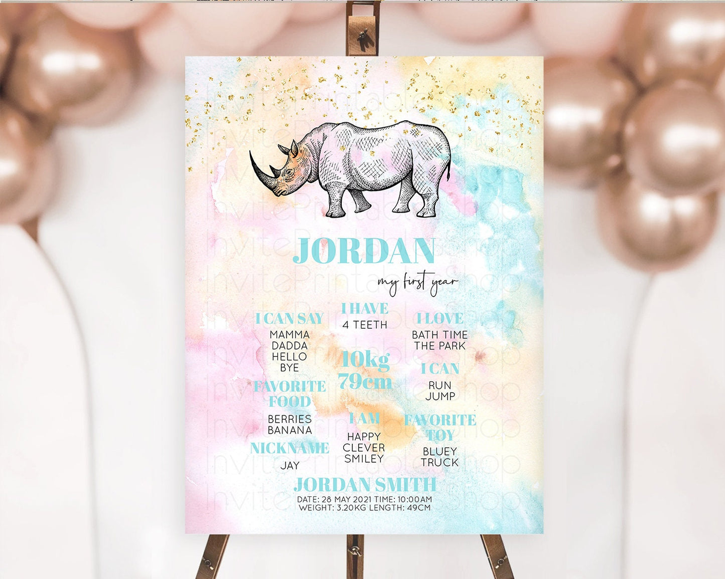 Pastel Rhino First Birthday Milestone Board Rhino Milestone Poster Colorful Rainbow Pastel Watercolor 1st Birthday Welcome Sign D10287