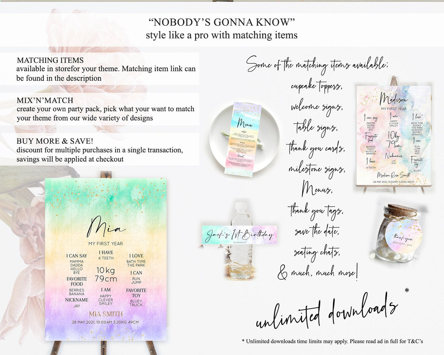 Pastel First Birthday Milestone Board Pastel Rainbow Milestone Poster Colorful Confetti Watercolor Glitter 1st Birthday Welcome Sign D10481