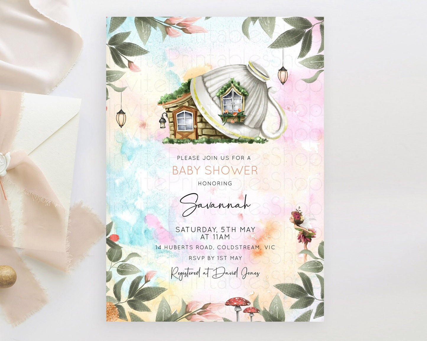 Fairy Baby Shower Invitation Pastel Fairy Invites Fairy Tea Party Fairy Garden Theme Secret Garden Enchanted Garden Floral Butterfly D10555