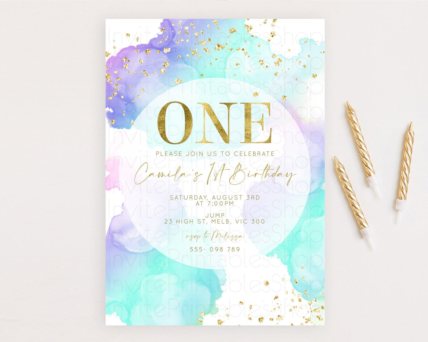 Rainbow Birthday Invitation Colorful Pastel Watercolor Invitation Gold Glitter Sprinkles Ombre Pastel 1st 2nd 3rd Birthday D10212